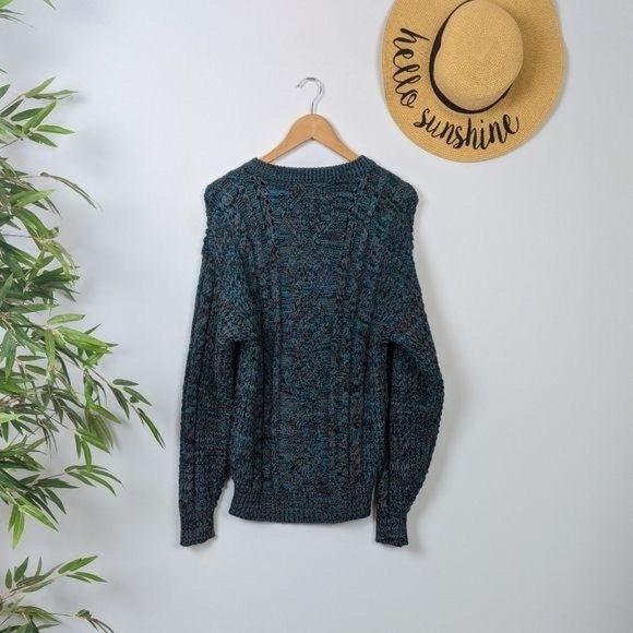 Vintage 90s Oversized Cozy Sweater Mens M Womens L Teal Chunky Cable Knit - Picture 6 of 9